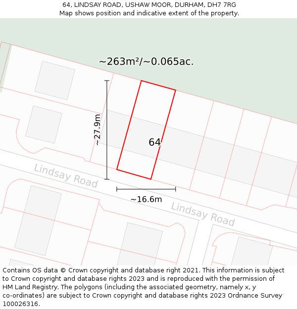 64, LINDSAY ROAD, USHAW MOOR, DURHAM, DH7 7RG: Plot and title map