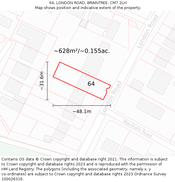 64, LONDON ROAD, BRAINTREE, CM7 2LH: Plot and title map