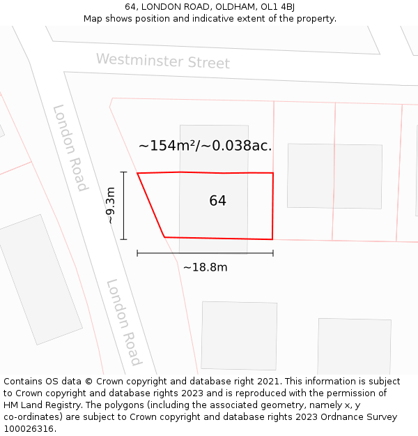 64, LONDON ROAD, OLDHAM, OL1 4BJ: Plot and title map