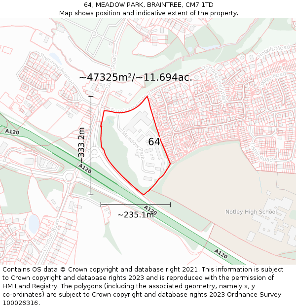 64, MEADOW PARK, BRAINTREE, CM7 1TD: Plot and title map