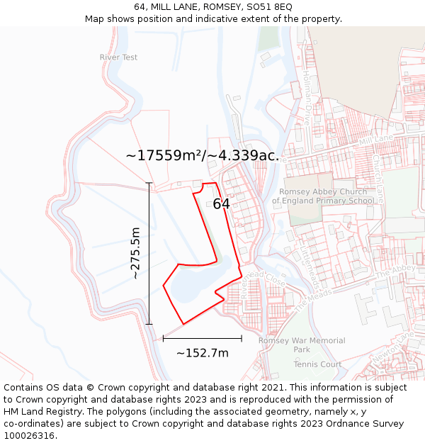 64, MILL LANE, ROMSEY, SO51 8EQ: Plot and title map