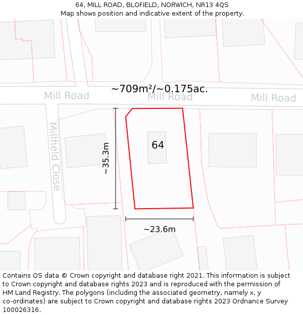 64, MILL ROAD, BLOFIELD, NORWICH, NR13 4QS: Plot and title map