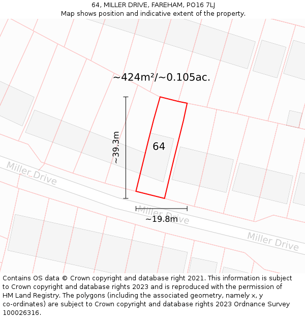 64, MILLER DRIVE, FAREHAM, PO16 7LJ: Plot and title map