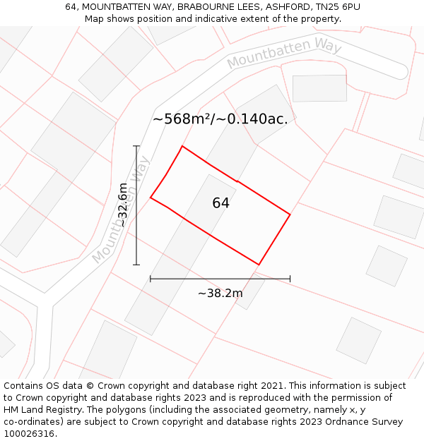 64, MOUNTBATTEN WAY, BRABOURNE LEES, ASHFORD, TN25 6PU: Plot and title map