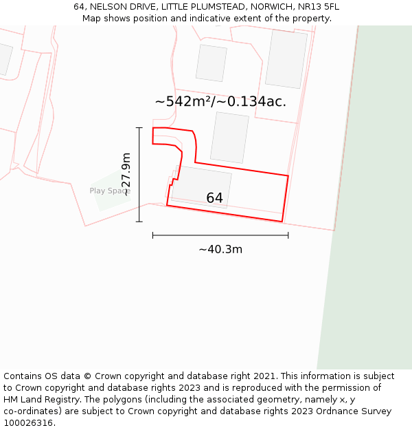 64, NELSON DRIVE, LITTLE PLUMSTEAD, NORWICH, NR13 5FL: Plot and title map