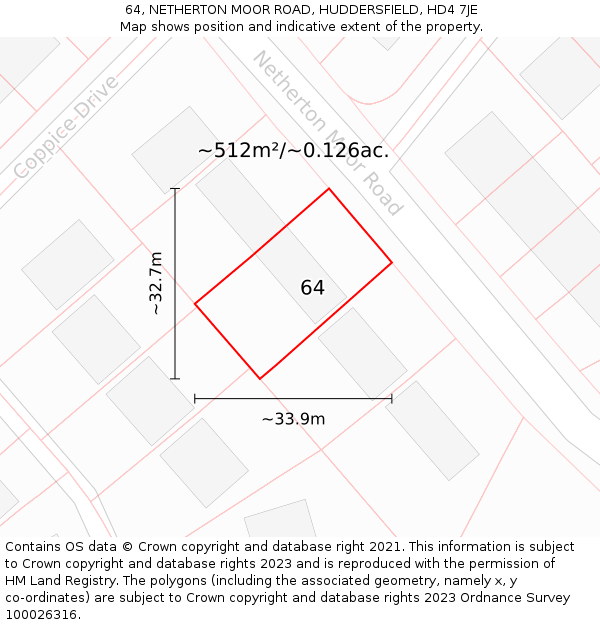 64, NETHERTON MOOR ROAD, HUDDERSFIELD, HD4 7JE: Plot and title map