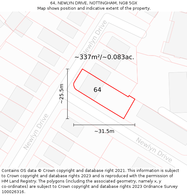 64, NEWLYN DRIVE, NOTTINGHAM, NG8 5GX: Plot and title map