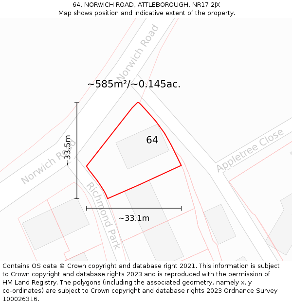 64, NORWICH ROAD, ATTLEBOROUGH, NR17 2JX: Plot and title map
