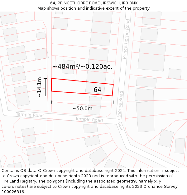 64, PRINCETHORPE ROAD, IPSWICH, IP3 8NX: Plot and title map
