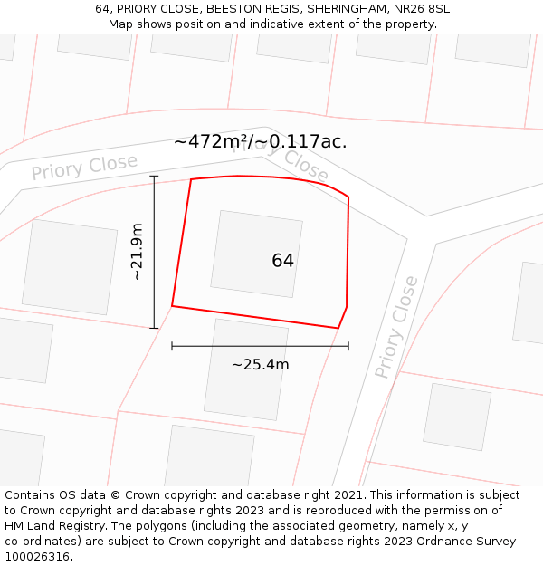 64, PRIORY CLOSE, BEESTON REGIS, SHERINGHAM, NR26 8SL: Plot and title map