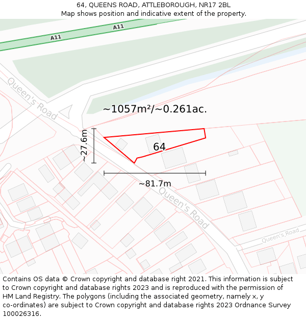 64, QUEENS ROAD, ATTLEBOROUGH, NR17 2BL: Plot and title map