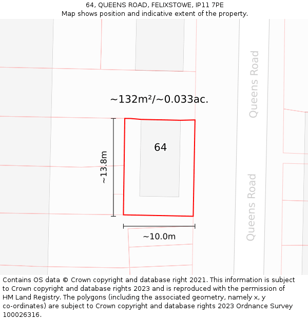 64, QUEENS ROAD, FELIXSTOWE, IP11 7PE: Plot and title map