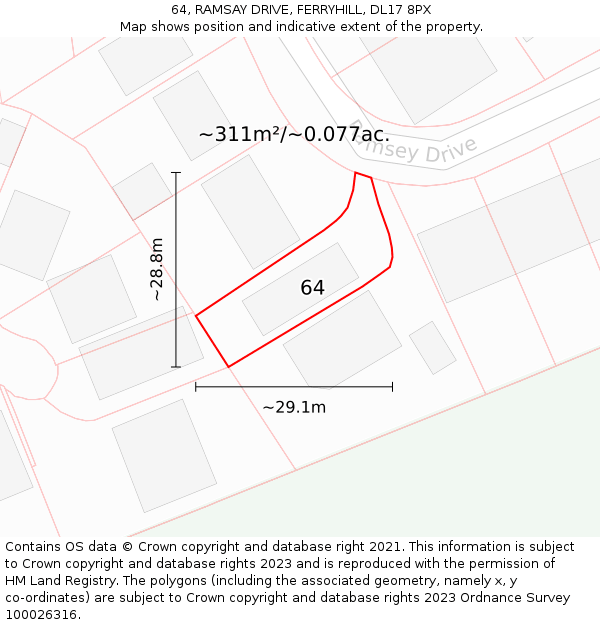 64, RAMSAY DRIVE, FERRYHILL, DL17 8PX: Plot and title map