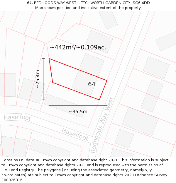 64, REDHOODS WAY WEST, LETCHWORTH GARDEN CITY, SG6 4DD: Plot and title map