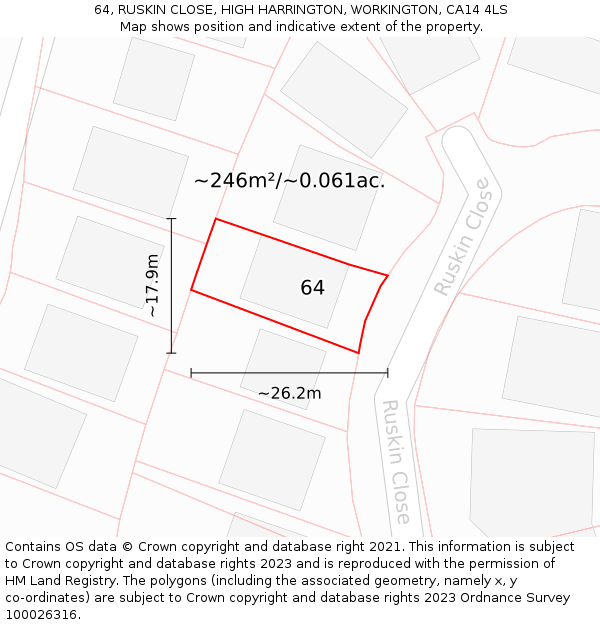 64, RUSKIN CLOSE, HIGH HARRINGTON, WORKINGTON, CA14 4LS: Plot and title map