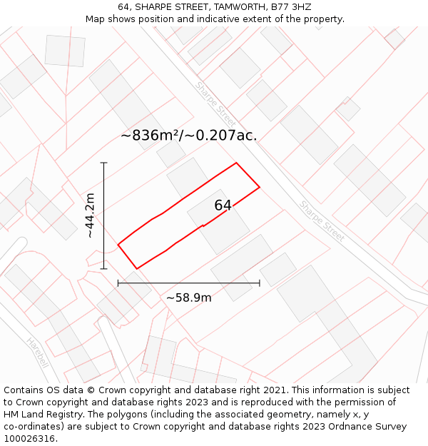 64, SHARPE STREET, TAMWORTH, B77 3HZ: Plot and title map