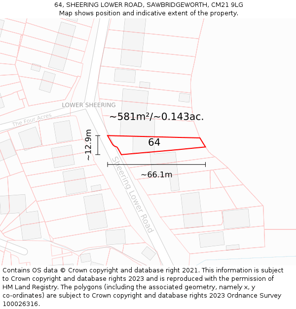 64, SHEERING LOWER ROAD, SAWBRIDGEWORTH, CM21 9LG: Plot and title map