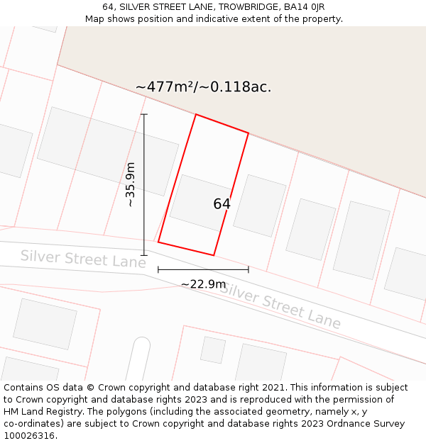 64, SILVER STREET LANE, TROWBRIDGE, BA14 0JR: Plot and title map