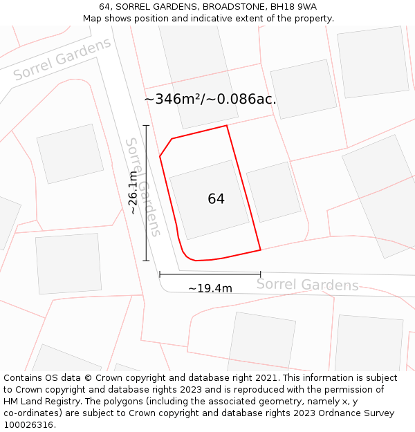 64, SORREL GARDENS, BROADSTONE, BH18 9WA: Plot and title map