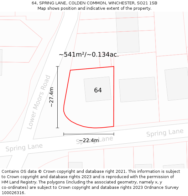 64, SPRING LANE, COLDEN COMMON, WINCHESTER, SO21 1SB: Plot and title map