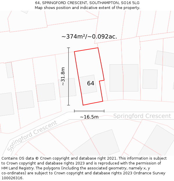 64, SPRINGFORD CRESCENT, SOUTHAMPTON, SO16 5LG: Plot and title map