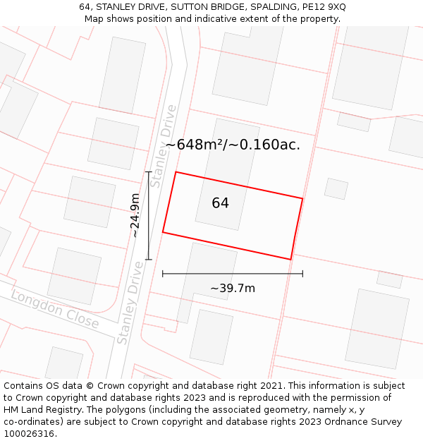 64, STANLEY DRIVE, SUTTON BRIDGE, SPALDING, PE12 9XQ: Plot and title map