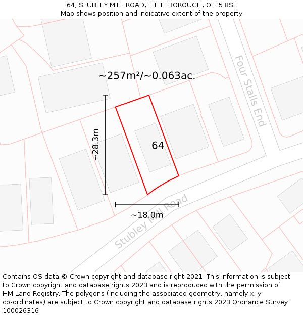 64, STUBLEY MILL ROAD, LITTLEBOROUGH, OL15 8SE: Plot and title map