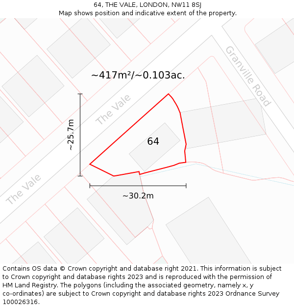64, THE VALE, LONDON, NW11 8SJ: Plot and title map