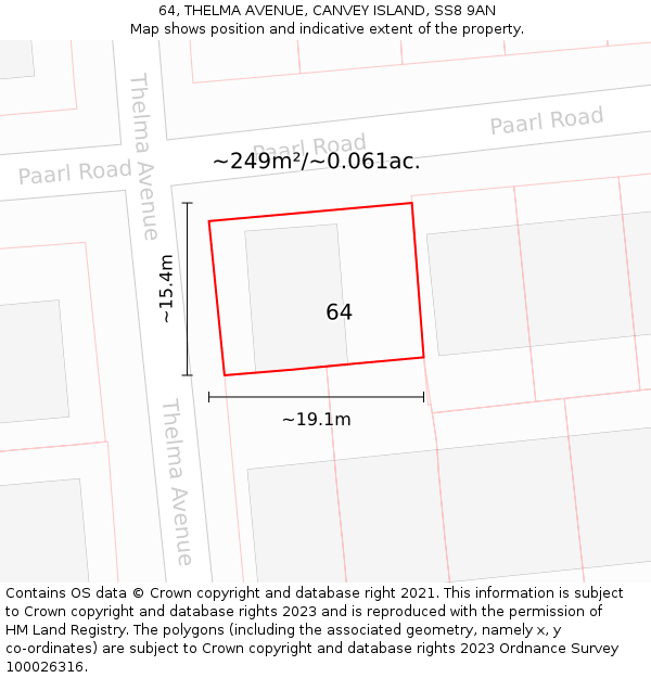 64, THELMA AVENUE, CANVEY ISLAND, SS8 9AN: Plot and title map