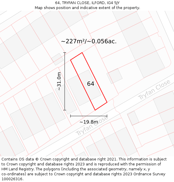 64, TRYFAN CLOSE, ILFORD, IG4 5JY: Plot and title map