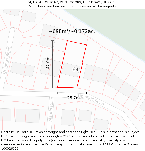 64, UPLANDS ROAD, WEST MOORS, FERNDOWN, BH22 0BT: Plot and title map