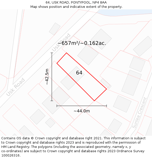 64, USK ROAD, PONTYPOOL, NP4 8AA: Plot and title map