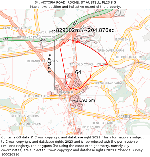 64, VICTORIA ROAD, ROCHE, ST AUSTELL, PL26 8JG: Plot and title map