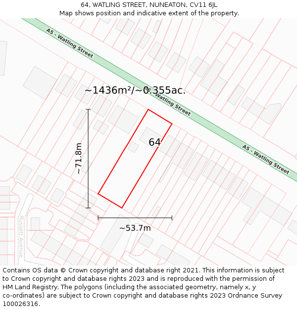 64, WATLING STREET, NUNEATON, CV11 6JL: Plot and title map