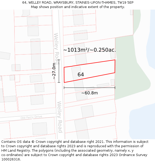 64, WELLEY ROAD, WRAYSBURY, STAINES-UPON-THAMES, TW19 5EP: Plot and title map