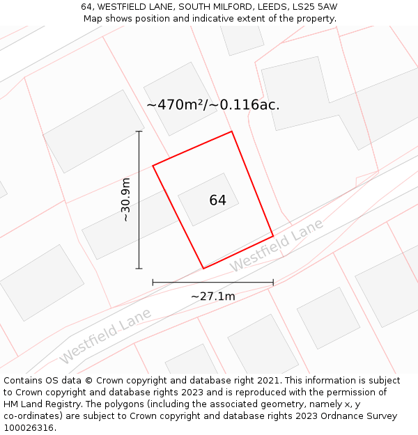 64, WESTFIELD LANE, SOUTH MILFORD, LEEDS, LS25 5AW: Plot and title map