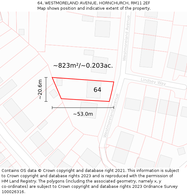 64, WESTMORELAND AVENUE, HORNCHURCH, RM11 2EF: Plot and title map
