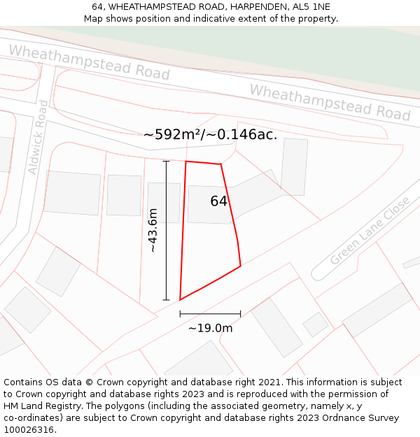 64, WHEATHAMPSTEAD ROAD, HARPENDEN, AL5 1NE: Plot and title map