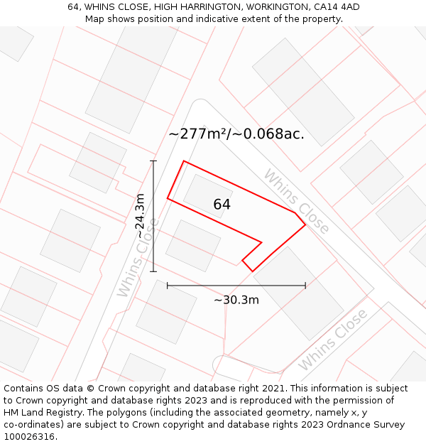 64, WHINS CLOSE, HIGH HARRINGTON, WORKINGTON, CA14 4AD: Plot and title map