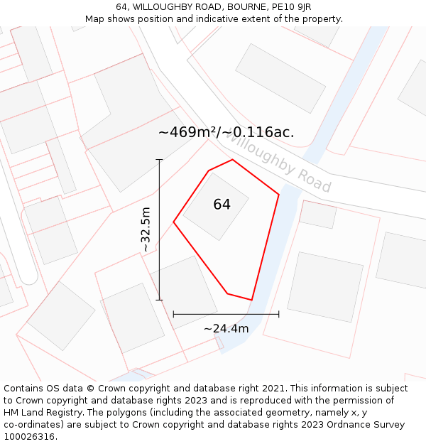 64, WILLOUGHBY ROAD, BOURNE, PE10 9JR: Plot and title map