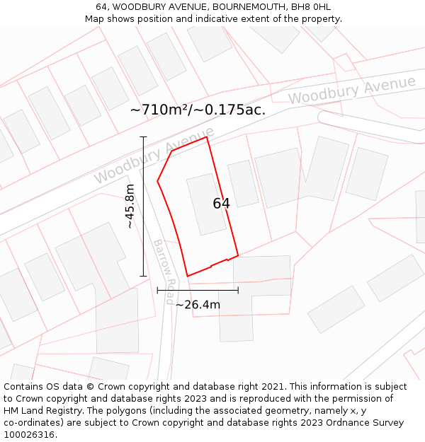 64, WOODBURY AVENUE, BOURNEMOUTH, BH8 0HL: Plot and title map
