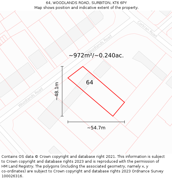 64, WOODLANDS ROAD, SURBITON, KT6 6PY: Plot and title map