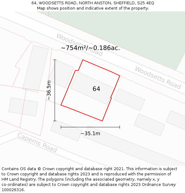 64, WOODSETTS ROAD, NORTH ANSTON, SHEFFIELD, S25 4EQ: Plot and title map