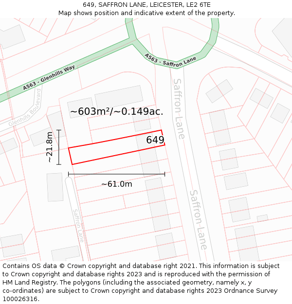 649, SAFFRON LANE, LEICESTER, LE2 6TE: Plot and title map