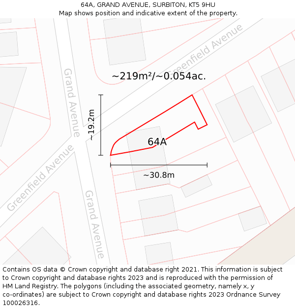 64A, GRAND AVENUE, SURBITON, KT5 9HU: Plot and title map