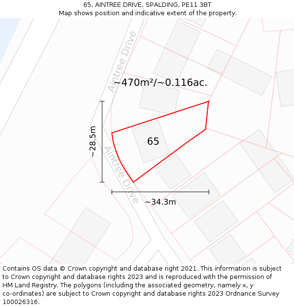 65, AINTREE DRIVE, SPALDING, PE11 3BT: Plot and title map