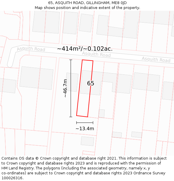 65, ASQUITH ROAD, GILLINGHAM, ME8 0JD: Plot and title map