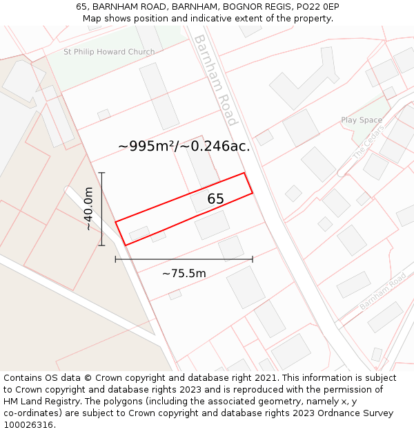 65, BARNHAM ROAD, BARNHAM, BOGNOR REGIS, PO22 0EP: Plot and title map