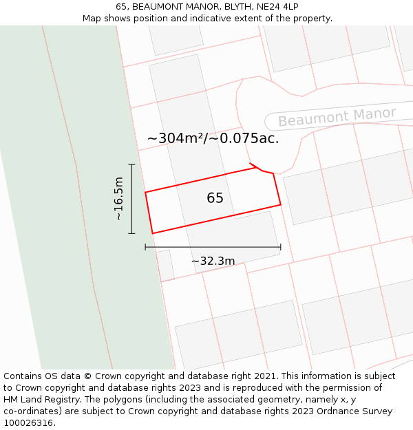 65, BEAUMONT MANOR, BLYTH, NE24 4LP: Plot and title map