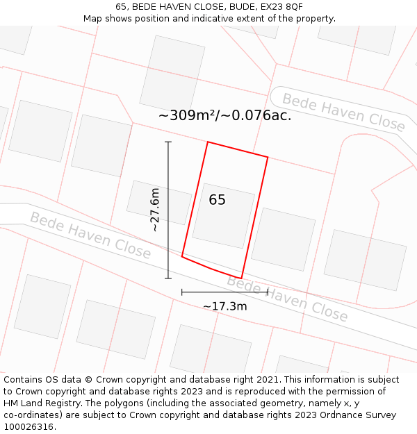 65, BEDE HAVEN CLOSE, BUDE, EX23 8QF: Plot and title map